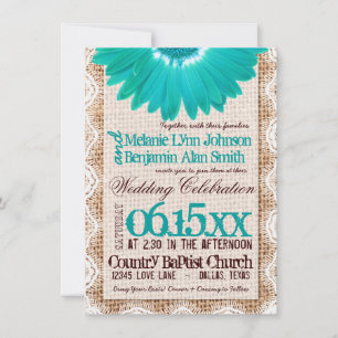 Rustic Burlap Lace Teal Daisy Wedding Invitations