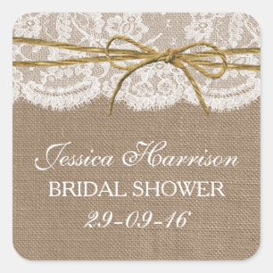 Rustic Burlap, Lace & Twine Bow Bridal Shower Square Sticker