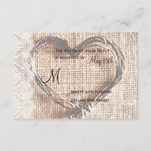 Rustic Burlap Lace Twine Heart Wedding RSVP Card