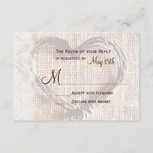 Rustic Burlap Lace Twine Heart Wedding RSVP Card