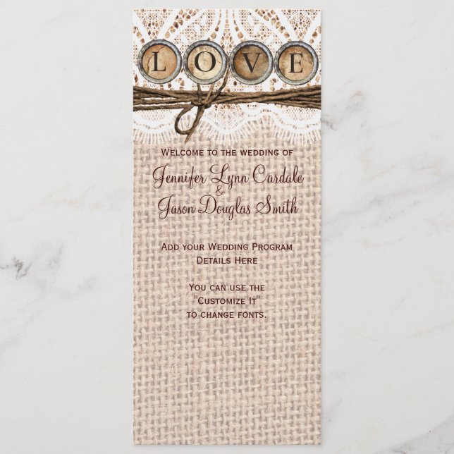 Rustic Burlap Lace Twine LOVE Wedding Programme (Devant)