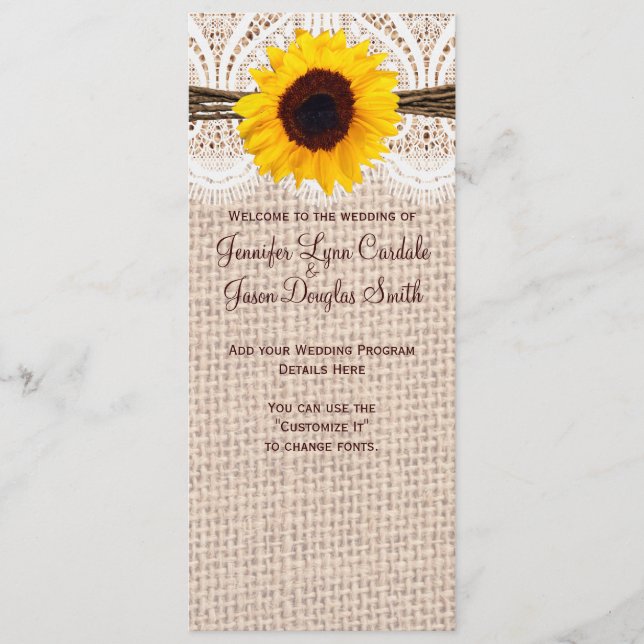 Rustic Burlap Lace Twine Sunflower Wedding Program (Front)