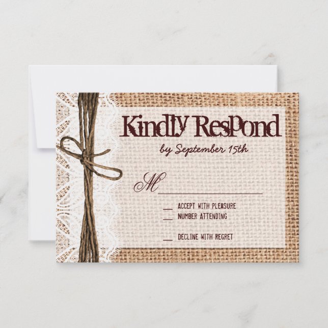 Rustic Burlap Lace Typography Wedding RSVP Cards (Front)