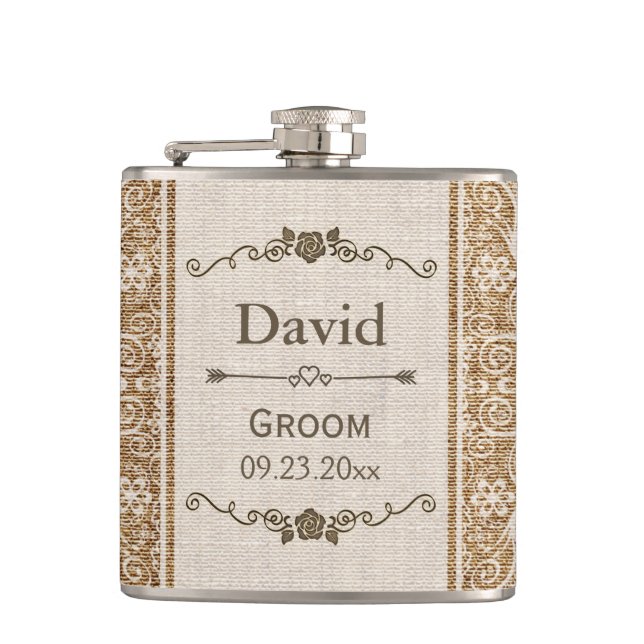 Rustic Burlap Lace Wedding Groom Hip Flask (Front)