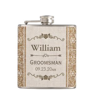 Rustic Burlap Lace Wedding Groomsman Hip Flask