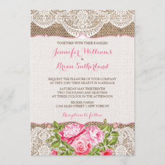 Rustic Burlap Lace Wedding Invitation Roses Peony
