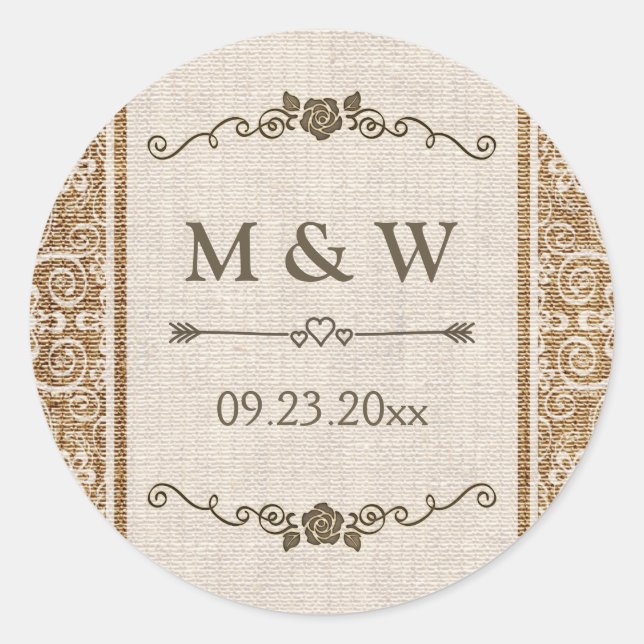 Rustic Burlap Lace Wedding Monogram Classic Round Sticker (Front)