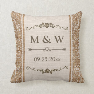 Rustic Burlap Lace Wedding Monogram Throw Pillow