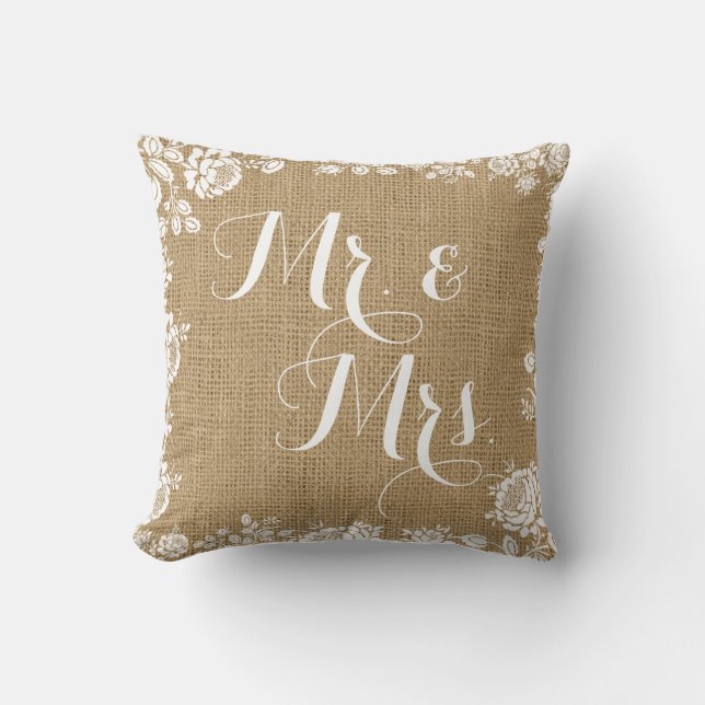 Rustic Burlap Lace Wedding Mr Mrs Throw Pillow (Front)