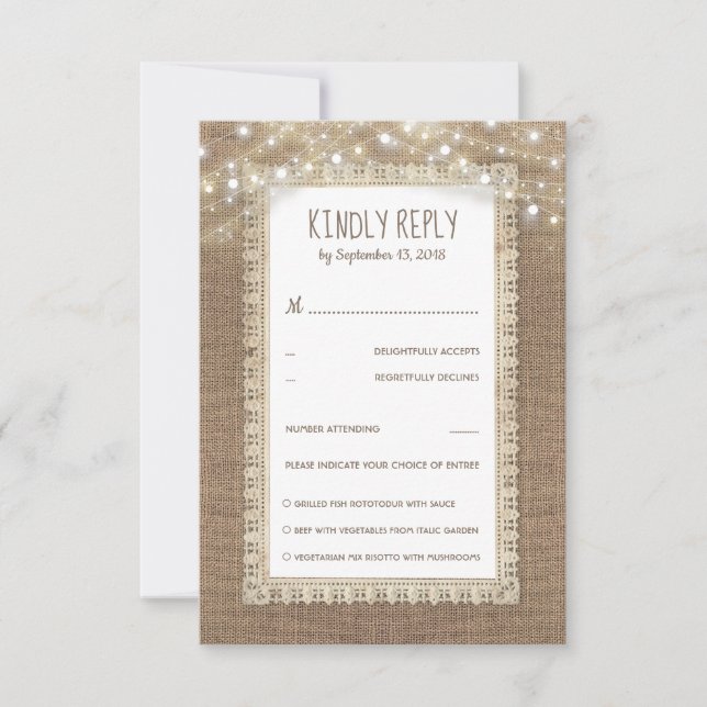 Rustic Burlap Lace Wedding RSVP Card (Front)
