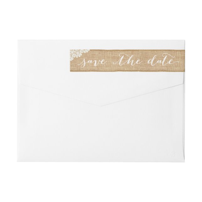 Rustic Burlap & Lace Wedding Save the Date Wrap Around Label (Back)