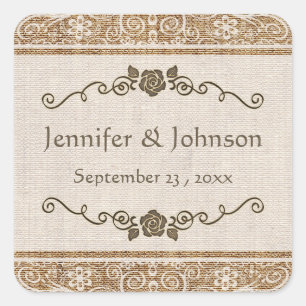 Rustic Burlap Lace Wedding Square Sticker