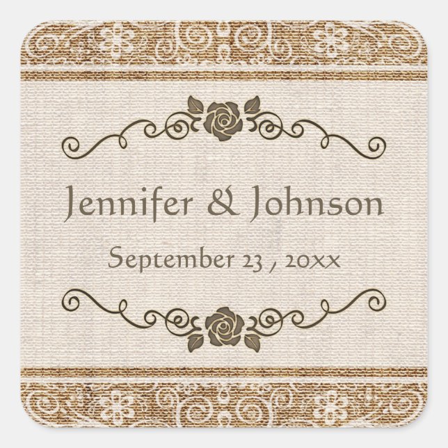 Rustic Burlap Lace Wedding Square Sticker (Front)