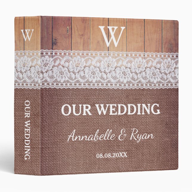 Rustic Burlap Lace & Wood | Our Wedding Binder (Front/Spine)