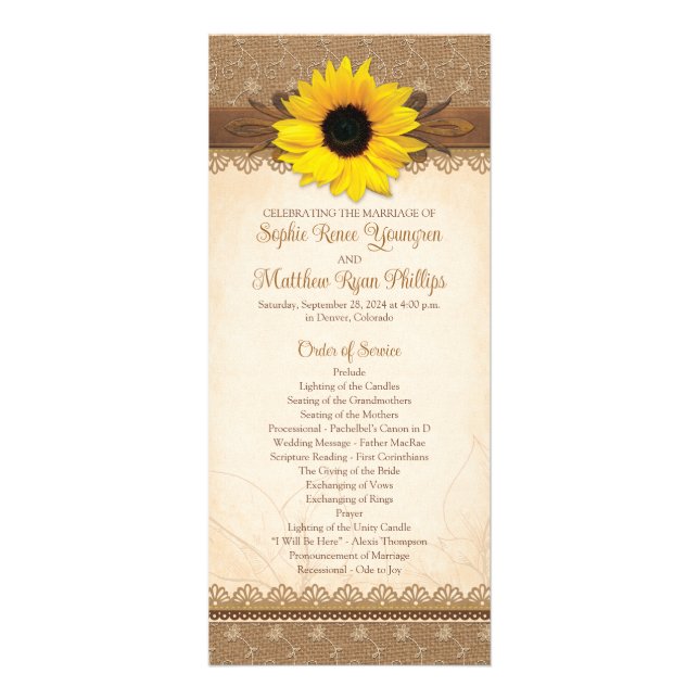 Rustic Burlap Lace Wood Sunflower Programme de mar (Devant)