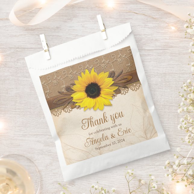 Rustic Burlap Lace Wood Sunflower Wedding Favour Bag (Clipped)