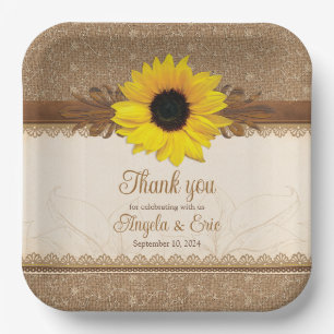 Rustic Burlap Lace Wood Sunflower Wedding Paper Plate