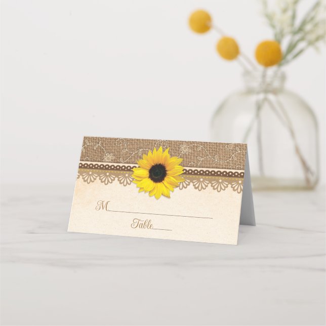 Rustic Burlap Lace Wood Sunflower Wedding Place Card (Front)