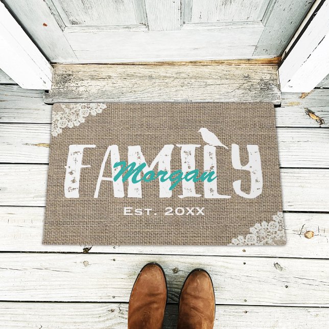 Rustic Burlap Laced Family Name Monogram Doormat (Creator Uploaded)