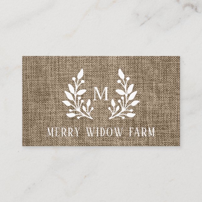 Rustic Burlap Laurel Monogrammed  Business Card (Front)
