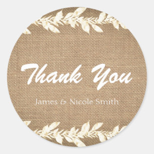 Rustic Burlap & Leaves Wedding Favour Classic Round Sticker