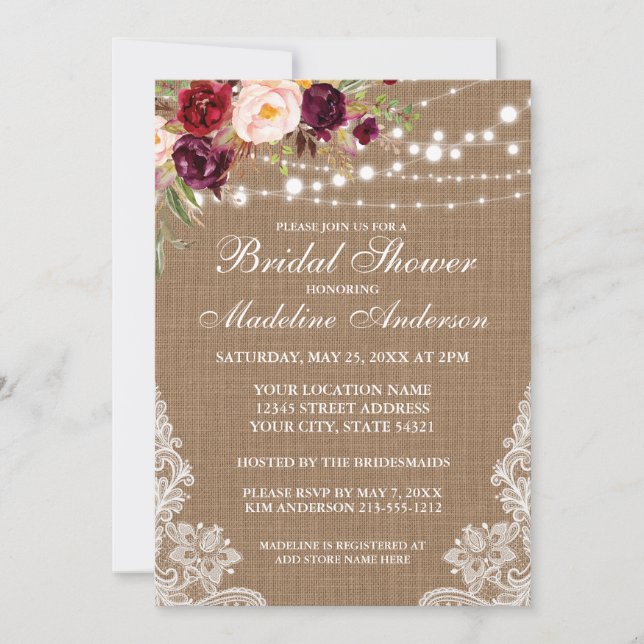 Rustic Burlap Lights Floral Lace Bridal Shower Invitation (Front)