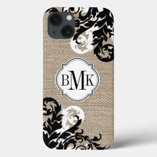 Rustic Burlap Look and Flourish Monogram iPhone 13 Case