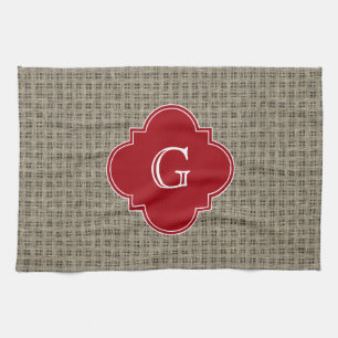 Rustic Burlap Look Cranberry Quatrefoil Monogram Kitchen Towel