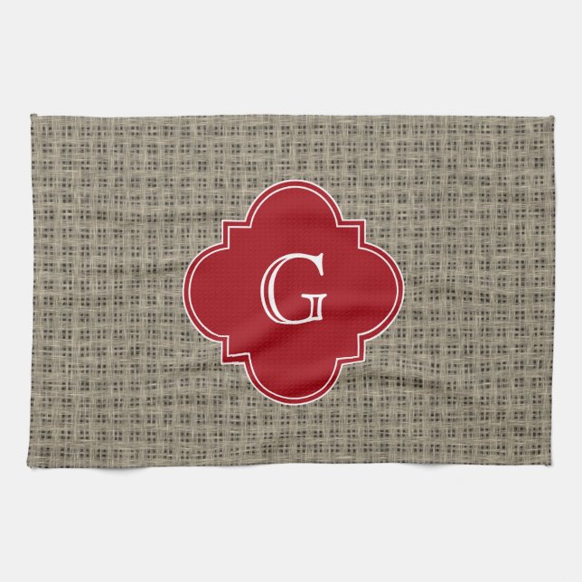 Rustic Burlap Look Cranberry Quatrefoil Monogram Kitchen Towel (Horizontal)