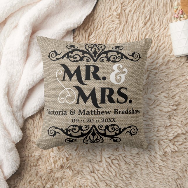 Rustic Burlap Look Mr. and Mrs. Wedding Throw Pillow (Blanket)