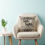 Rustic Burlap Look Mr. and Mrs. Wedding Throw Pillow<br><div class="desc">© 2014 Socialite Designs. Our wedding keepsake pillow has a burlap image background with Mr. and Mrs. text image, along with customizable bride and groom text and date. The top and bottom of the pillow has vintage flourishes. All design elements can be customized individually to suit you. You can resize...</div>