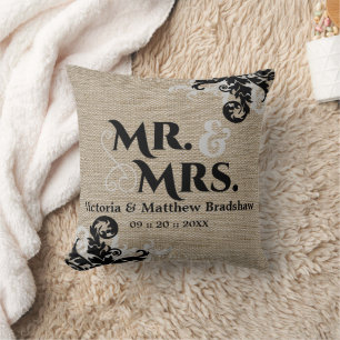 Rustic Burlap Look Mr. and Mrs. Wedding Throw Pillow