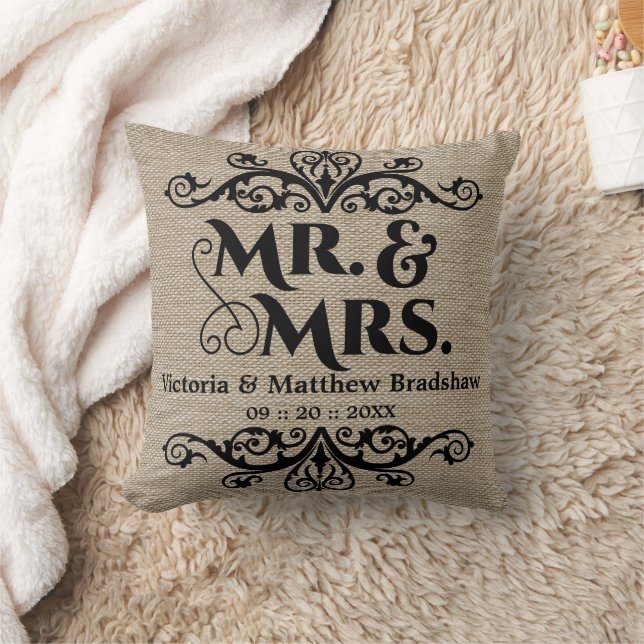 Rustic Burlap Look Mr. and Mrs. Wedding Throw Pillow (Blanket)