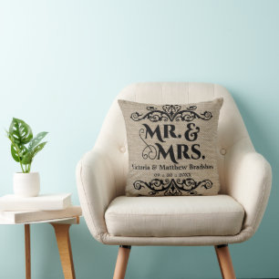 Rustic Burlap Look Mr. and Mrs. Wedding Throw Pillow