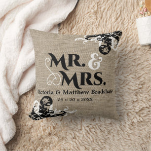 Rustic Burlap Look Mr. and Mrs. Wedding Throw Pillow
