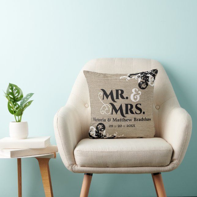 Rustic Burlap Look Mr. and Mrs. Wedding Throw Pillow (Chair)
