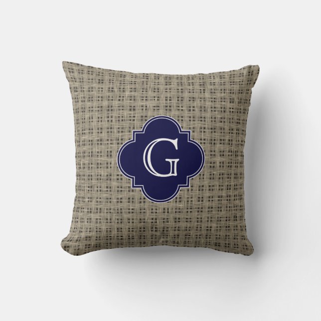 Rustic Burlap Look, Navy Blue Quatrefoil Monogram Throw Pillow (Front)