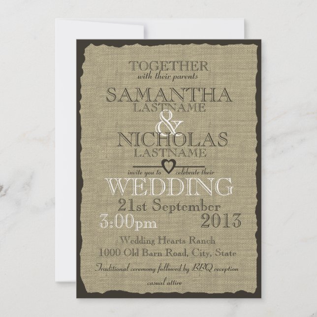 Rustic Burlap Look Wedding 5x7 Invitation (Front)