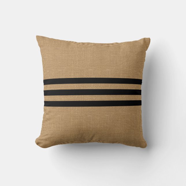 Rustic Burlap Look with Classic Black Stripes Throw Pillow (Front)