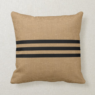 Rustic Burlap Look with Classic Black Stripes Throw Pillow