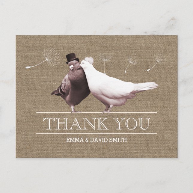 Rustic Burlap Love Birds Thank You Postcard (Front)