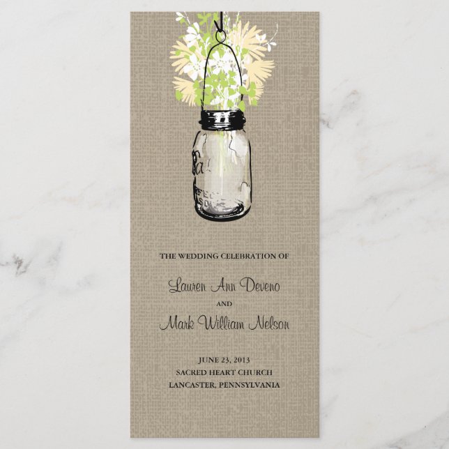 Rustic Burlap Mason Jar and Wildflowers Program (Front)