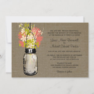 Rustic Burlap Mason Jar and Wildflowers Wedding Invitation