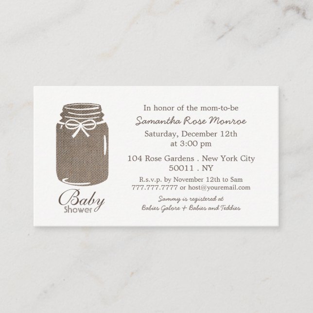 Rustic Burlap, Mason Jar Baby Shower Ticket Invite (Front)