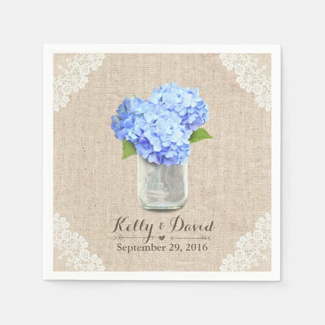 Rustic Burlap Mason Jar Blue Hydrangea Wedding Napkin (Front)
