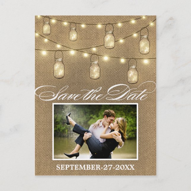 Rustic Burlap Mason Jar Enregistrer la date Cartes (Devant)