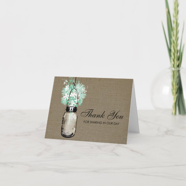 Rustic Burlap Mason Jar filled with Wildflowers Thank You Card (Front)
