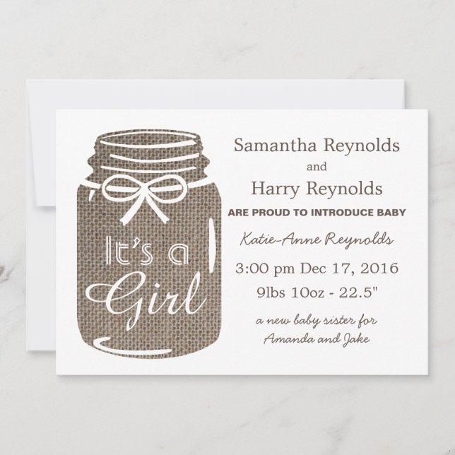 Rustic Burlap Mason Jar New Baby Girl Announcement (Front)