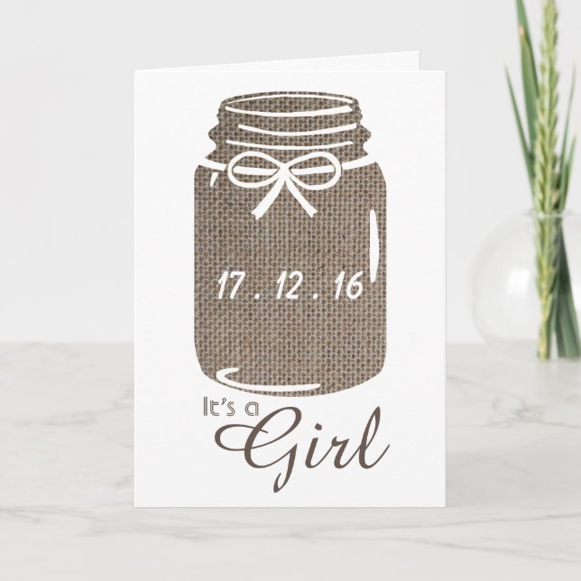 Rustic Burlap Mason Jar New Baby Girl Announcement (Front)