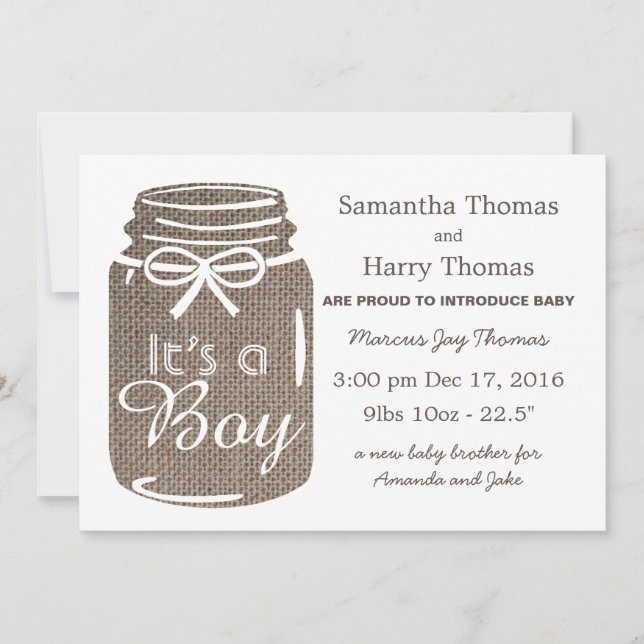 Rustic Burlap Mason Jar Nouveau bébé Faire-part ga (Devant)